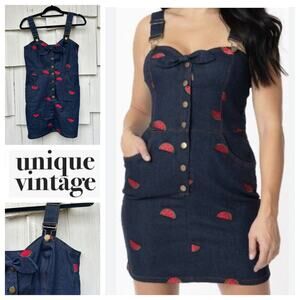 Unique Vintage Denim Overall Dress Watermelon Embroidered Adjustable Strap Sz‎ M